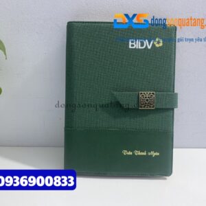 Sổ da thật cao cấp gập 2 kèm nam châm , màu xanh lá - In logo Ngân hàng BIDV