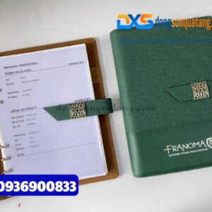 Sổ da thật cao cấp gập 2 kèm nam châm , màu xanh lá - In logo Công Ty FRANOMA