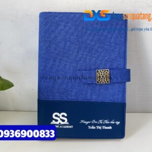 Sổ tay bìa còng da gập 2 kèm nam châm , màu xanh - In tên , hình ảnh logo và thông điệp