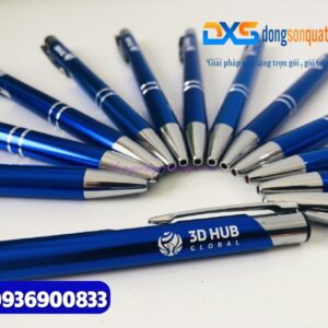 Bút bấm kim loại viền bạc - BKX 003 - Khắc logo 3D HUB GLOBAL - Làm quà tặng nhân viên