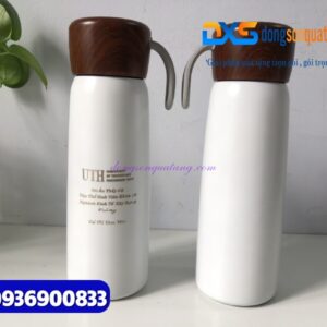 Bình giữ nhiệt Nắp gỗ - In khắc logo và nội dung Trường UTH