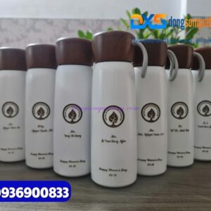 Bình giữ nhiệt nắp gỗ In khắc Logo và nội dung làm quà tặng chúc mừng ngày phụ nữ