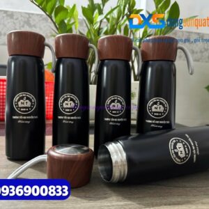 Bình giữ nhiệt nắp gỗ - Khắc Logo Trường tiểu học Nguyễn Trãi