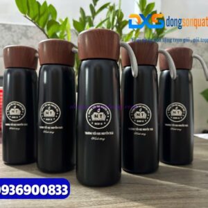 Bình giữ nhiệt nắp gỗ - Khắc Logo Trường tiểu học Nguyễn Trãi