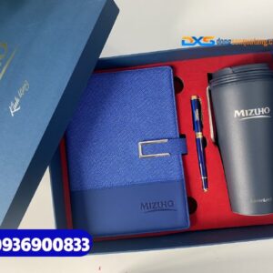 Set quà tặng đối tác Ngân Hàng ( Sổ tay bìa da + Ly giữ nhiệt LocknLock +Bút kim loại ) - SQX 018 | In khắc logo Ngân Hàng MIZUHO