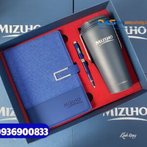 Set quà tặng đối tác Ngân Hàng ( Sổ tay bìa da + Ly giữ nhiệt LocknLock +Bút kim loại ) - SQX 018 | In khắc logo Ngân Hàng MIZUHO