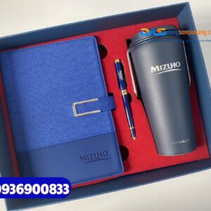 Set quà tặng đối tác Ngân Hàng ( Sổ tay bìa da + Ly giữ nhiệt LocknLock +Bút kim loại ) - SQX 018 | In khắc logo Ngân Hàng MIZUHO
