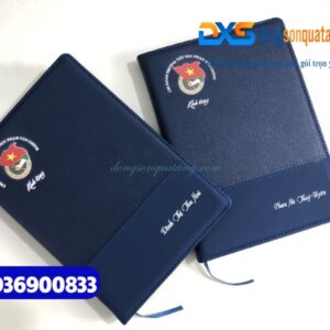 Sổ Tay Dán Gáy Bìa Da Cao Cấp , màu xanh - In Logo ĐOÀN VIÊN