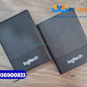 Sổ Tay Dán Gáy Bìa Da Cao Cấp , màu đen - In Logo khách hàng Logitech