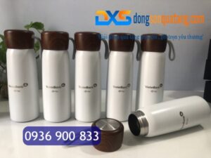 Bình Giữ Nhiệt Nắp Vân Gỗ Quai Xách 450ml Khắc Logo VietinBank