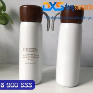 Quà Tặng In Logo Trường - Bình Giữ Nhiệt Nắp Vân Gỗ 500ml Màu Trắng