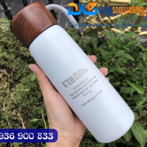 Quà Tặng In Logo Trường - Bình Giữ Nhiệt Nắp Vân Gỗ 500ml Màu Trắng