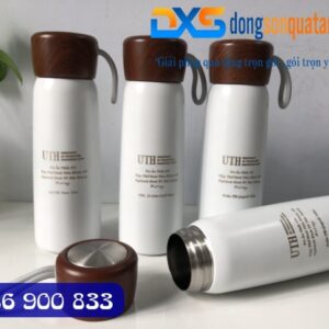 Quà Tặng In Logo Trường - Bình Giữ Nhiệt Nắp Vân Gỗ 500ml Màu Trắng
