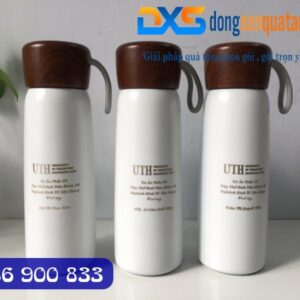 Quà Tặng In Logo Trường - Bình Giữ Nhiệt Nắp Vân Gỗ 500ml Màu Trắng